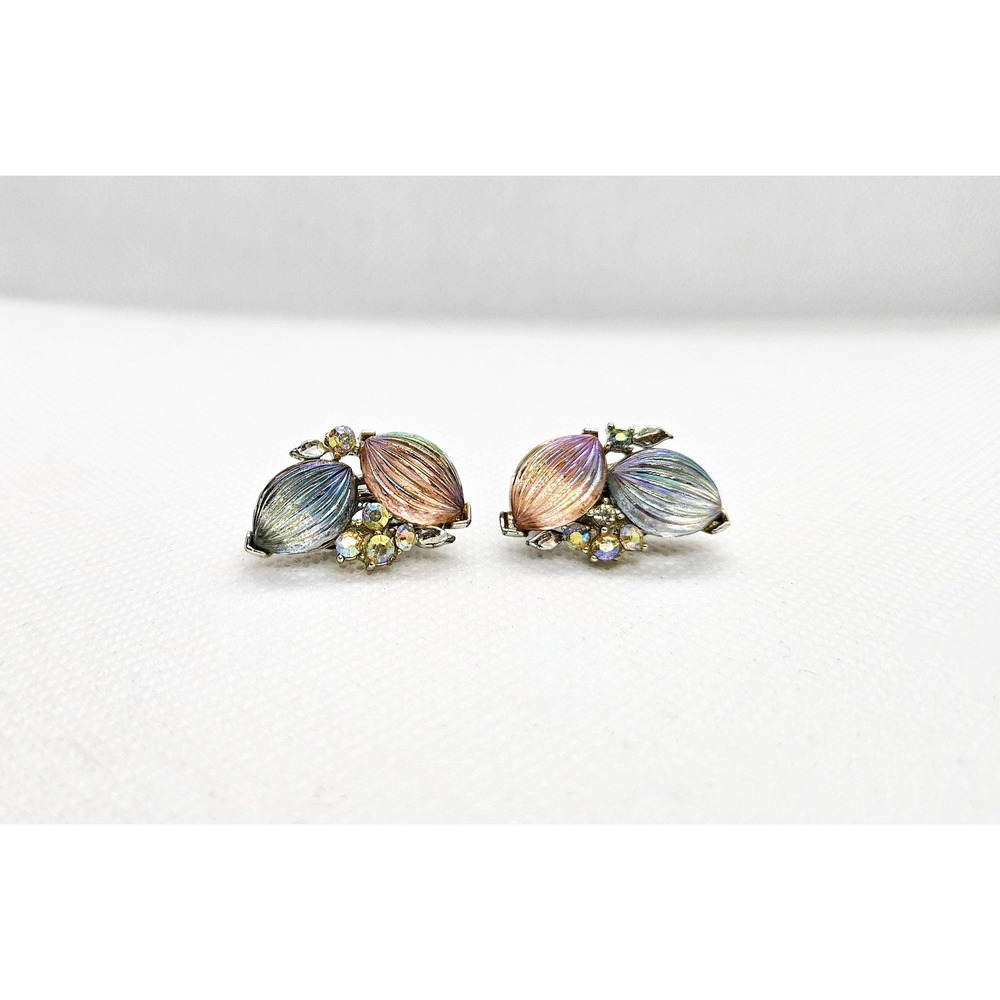 Vintage Lisner Pink Blue Iridescent AB Rhinestone Clip-On Earrings 1950s Silver